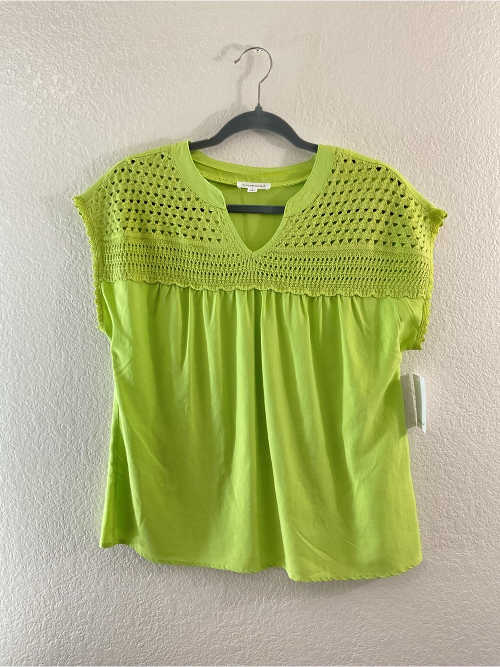 Westbound Crochet Yoke Cap Sleeve Top in Lime Green Summer Resortwear Boho Chic